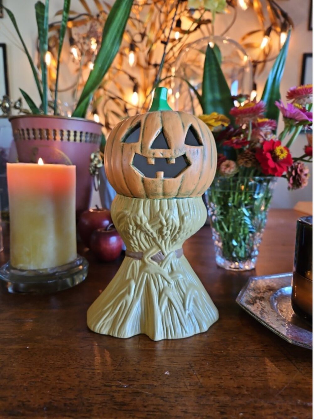 Vintage 1978 Halloween Jack O Lantern Pumpkin On Cornstalk Ceramic Figurine 7.5"